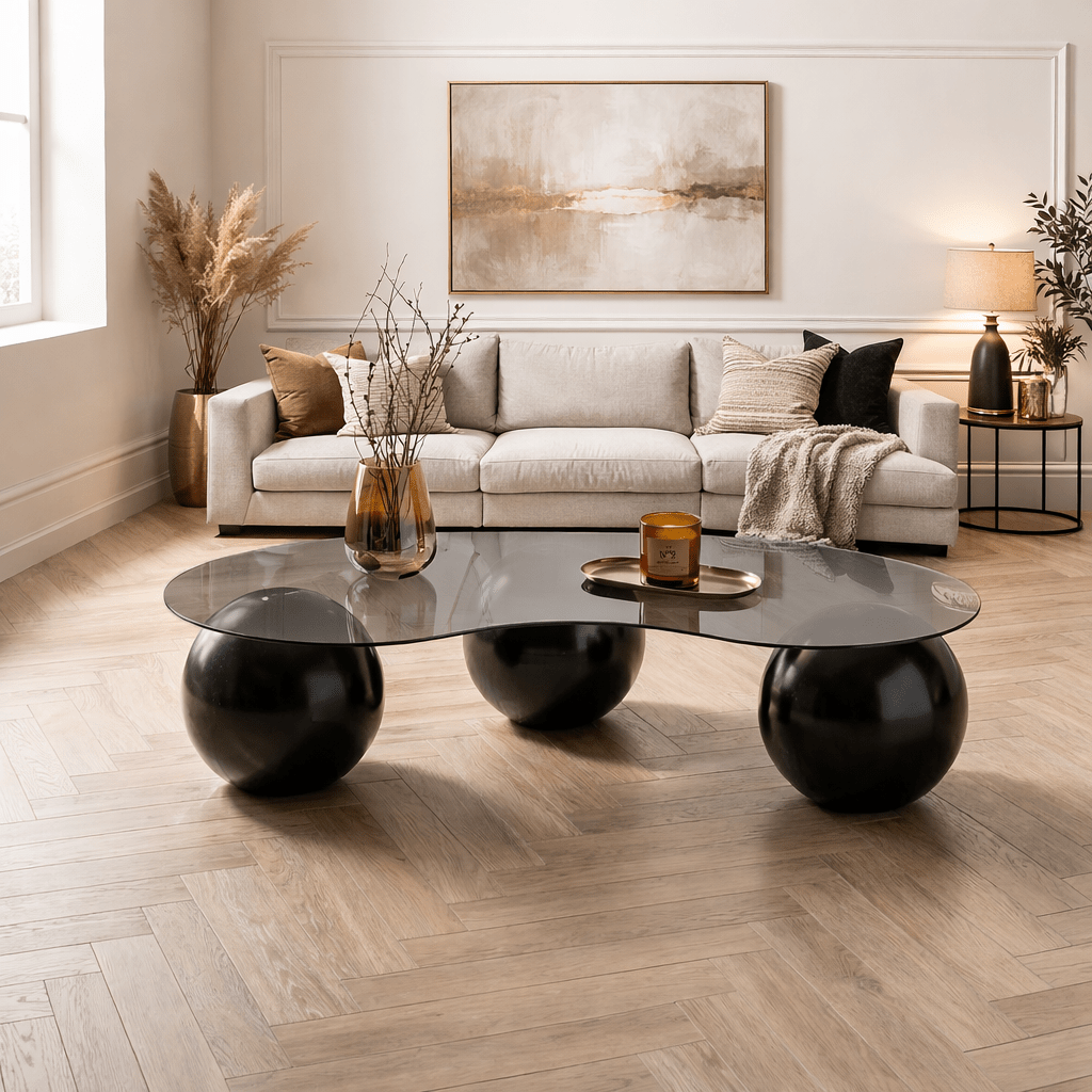 Table basse bio verre teinté gris pieds boule noir Sphère 120x70 cm