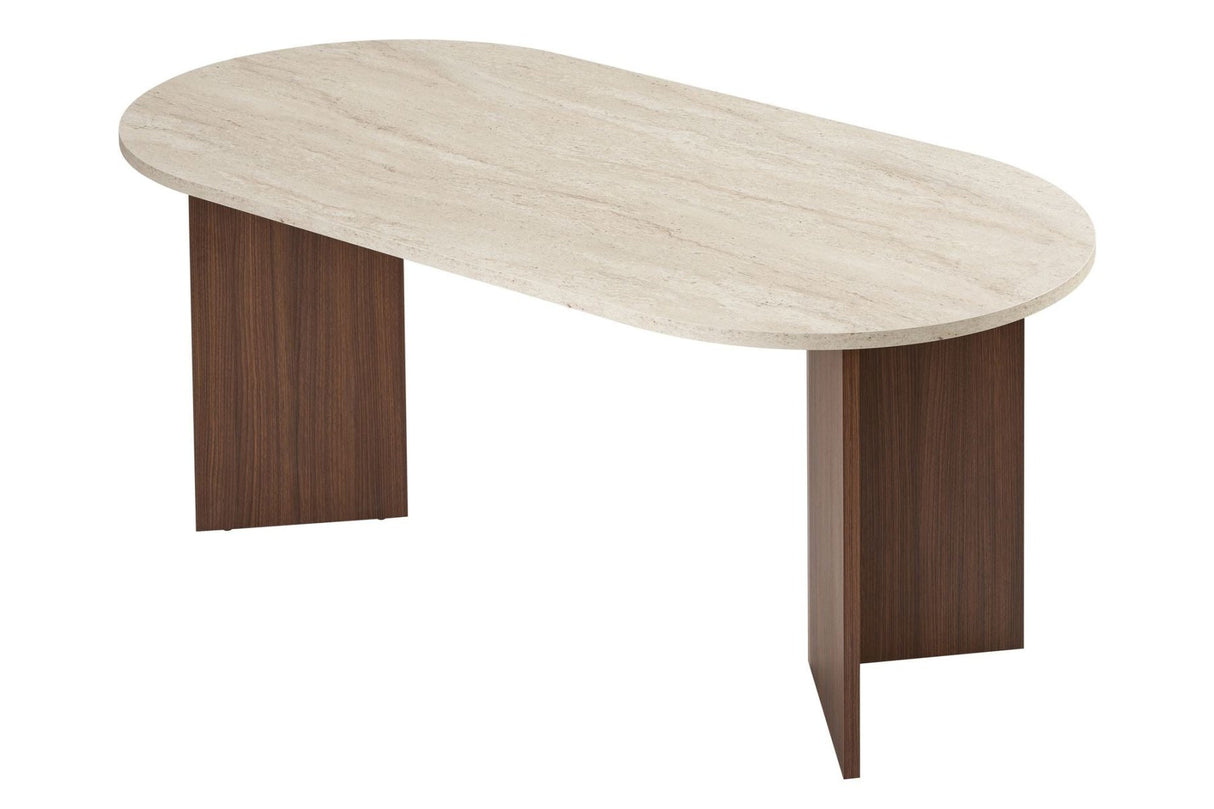 Table à manger ovale plateau travertin - mélamine noyer - 180x89,5x75 cm - Sota