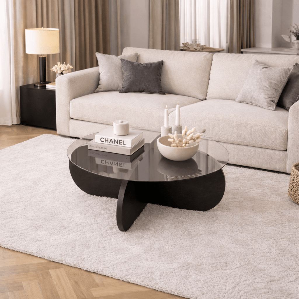 Table basse Aris ronde 75 cm en verre teinté - piètement noir