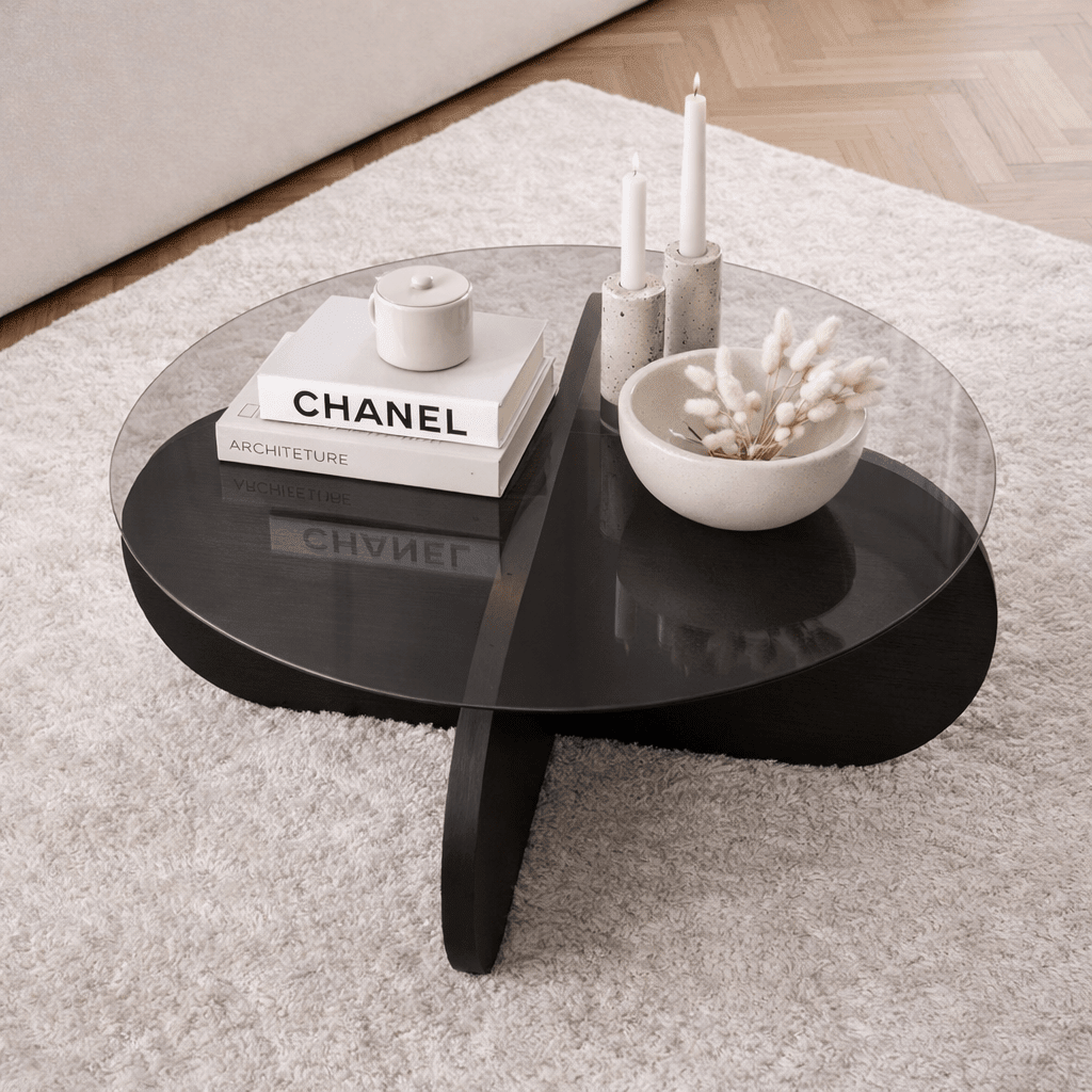 Table basse Aris ronde 75 cm en verre teinté - piètement noir