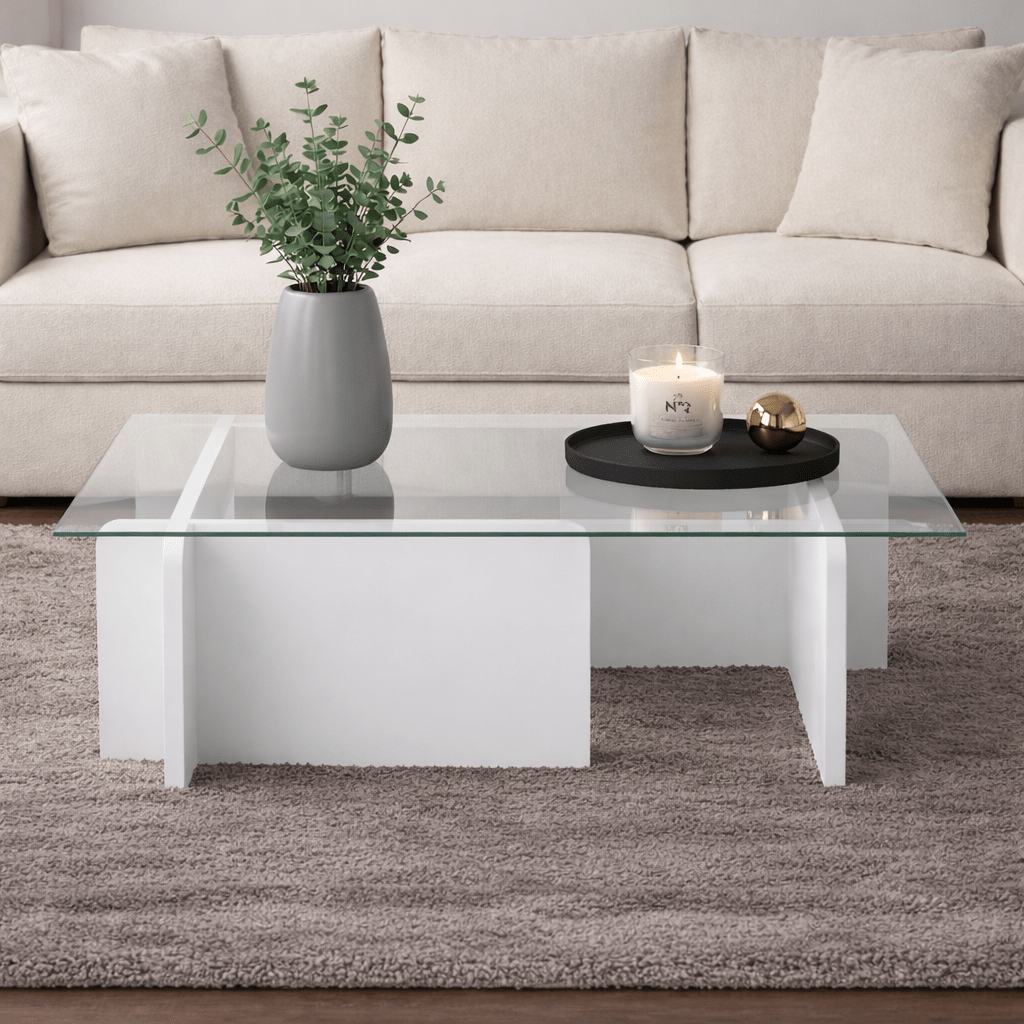 Table basse blanche mélamine verre opale 105x65x30 cm