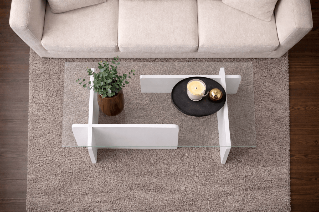 Table basse blanche mélamine verre opale 105x65x30 cm