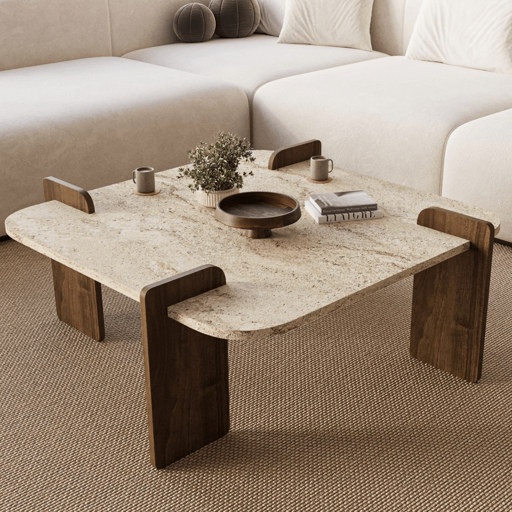 Salontafels - Japandi salontafel travertin met walnoot - melamine - 90 x 90 cm - Alfro - Dimehouse