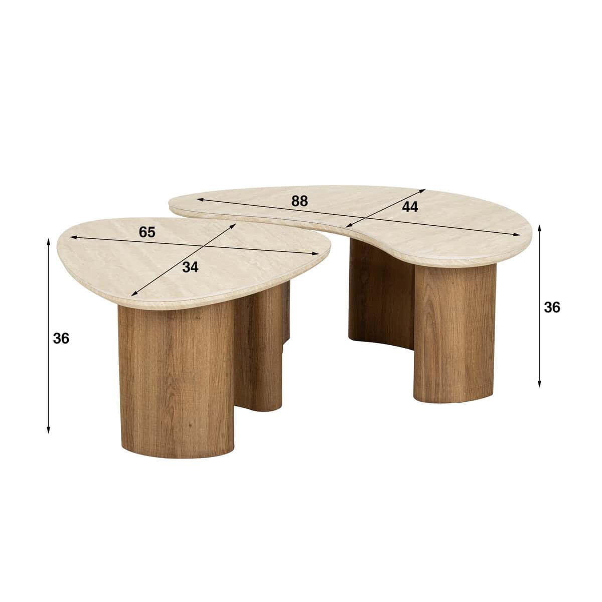 Ensemble de 2 tables basses Jimi avec plateau en travertin et piètement en noyer