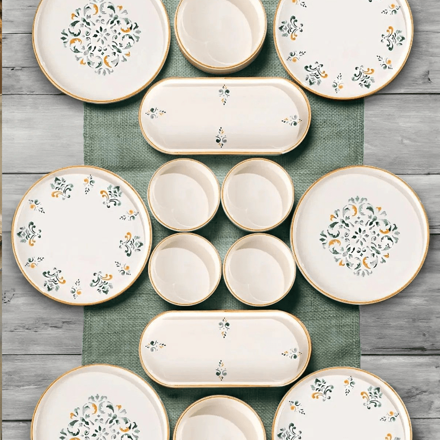 Service de table en céramique - 14 pièces - Vert olive tendre - Héritage