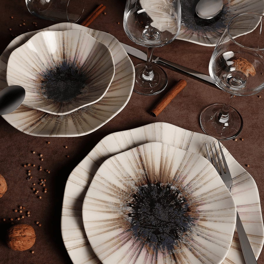 Service de table en porcelaine - 24 pièces - Beige et noir - Solar