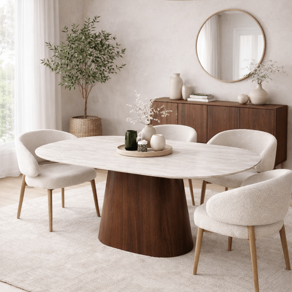 Eettafels - Sintered Stone Marmerlook Travertin Eettafel Lea 180x90 cm - Walnoot Frame - Deens Ovaal - Dimehouse