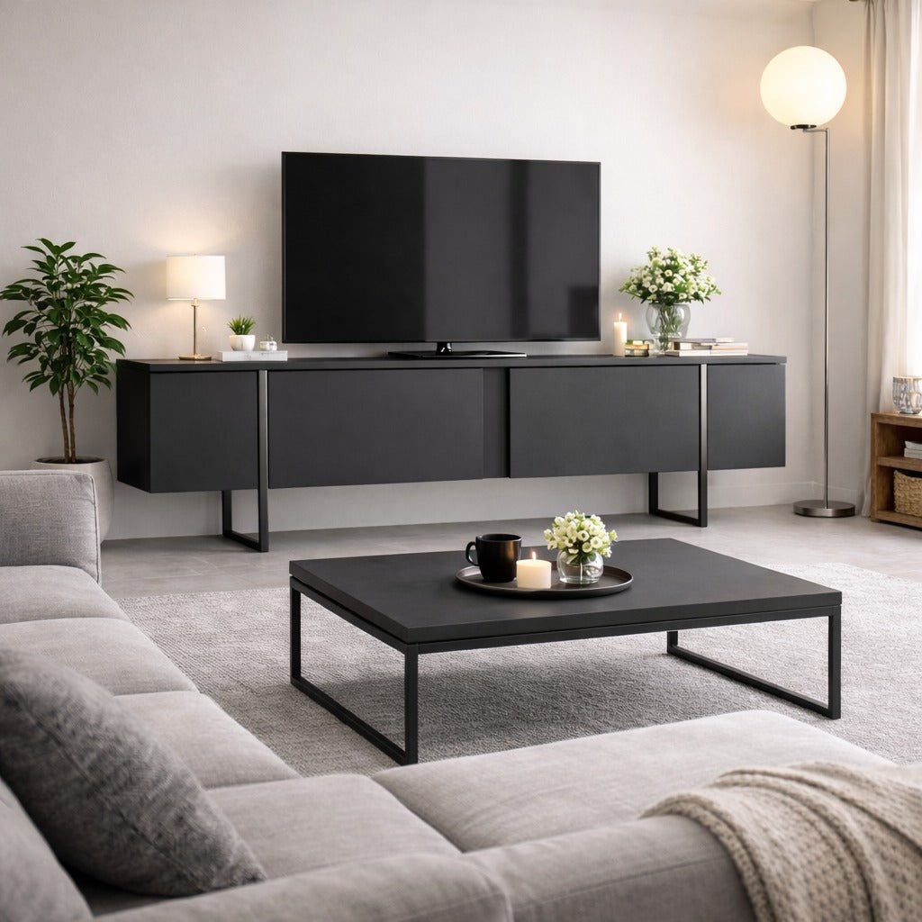 Meuble TV Anthracite Luxe 180x50x30 - Cadre Argent