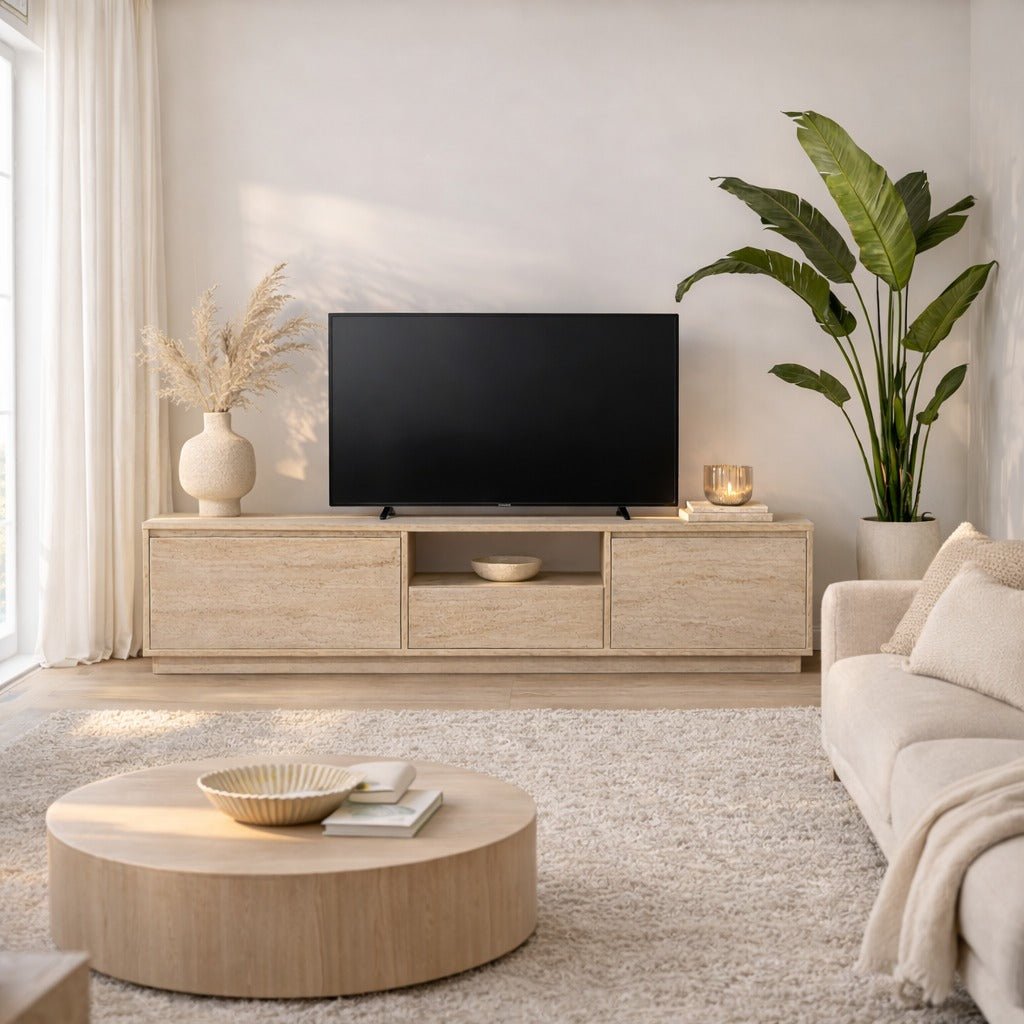 TV Meubels - TV Meubel Japandi Travertin Melamine - drie kastjes - 160x42x29,5 cm - Flare - Dimehouse