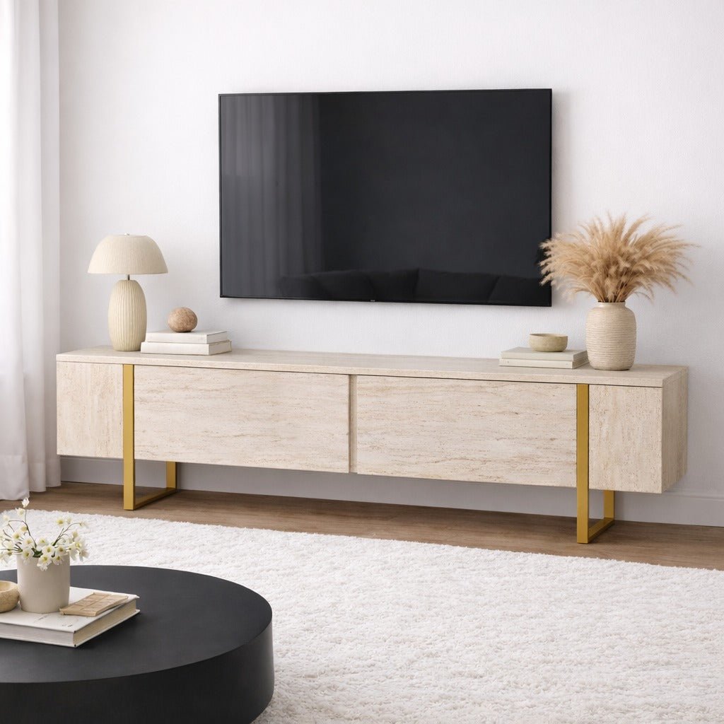 Meuble TV en mélamine beige avec cadre en bois Fouden Blitz 50x180x29,5 cm