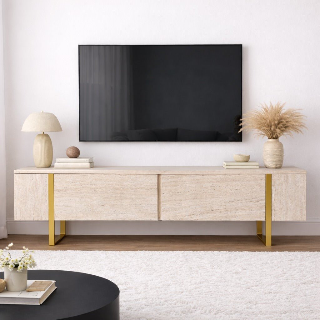 Meuble TV en mélamine beige avec cadre en bois Fouden Blitz 50x180x29,5 cm