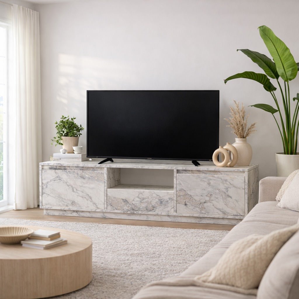 TV Meubels - TV Meubel Marmer Melamine - drie kastjes - 160x42x29,5 cm - Flare - Dimehouse