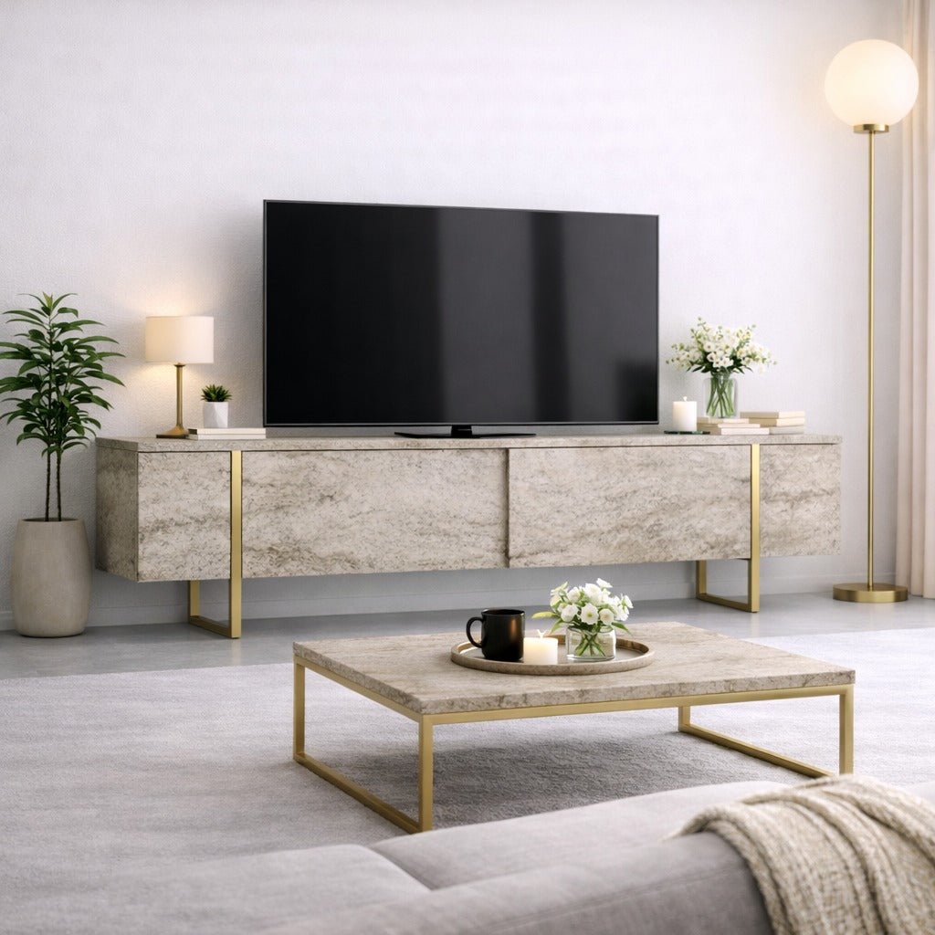 Meuble TV Travertin Luxe 180x50x30 - Cadre Doré
