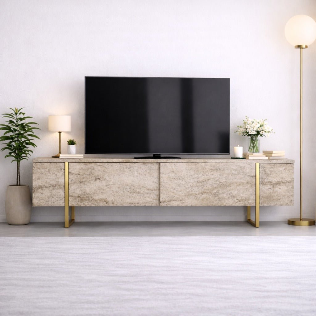 Meuble TV Travertin Luxe 180x50x30 - Cadre Doré