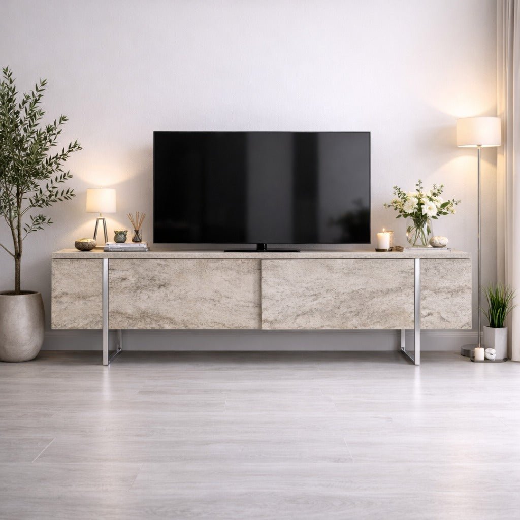 Meuble TV Travertin Luxe 180x50x30 - Cadre Argent