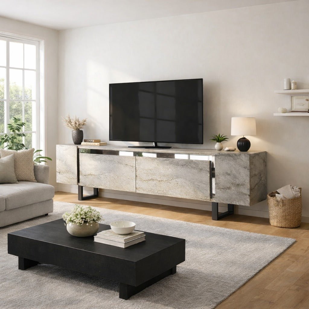 Meuble TV Travertin Yildiz 180x50x30 - Cadre Argent