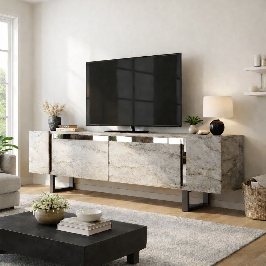Meuble TV Travertin Yildiz 180x50x30 - Cadre Argent