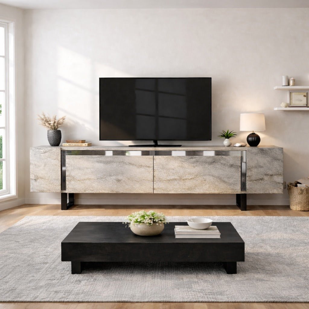 Meuble TV Travertin Yildiz 180x50x30 - Cadre Argent