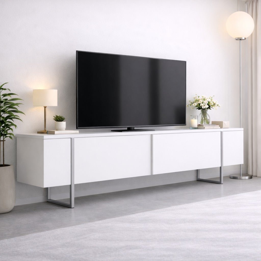 Meuble TV Blanc Luxe 180x50x30 - Cadre Argenté