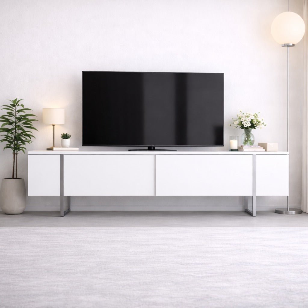 Meuble TV Blanc Luxe 180x50x30 - Cadre Argenté