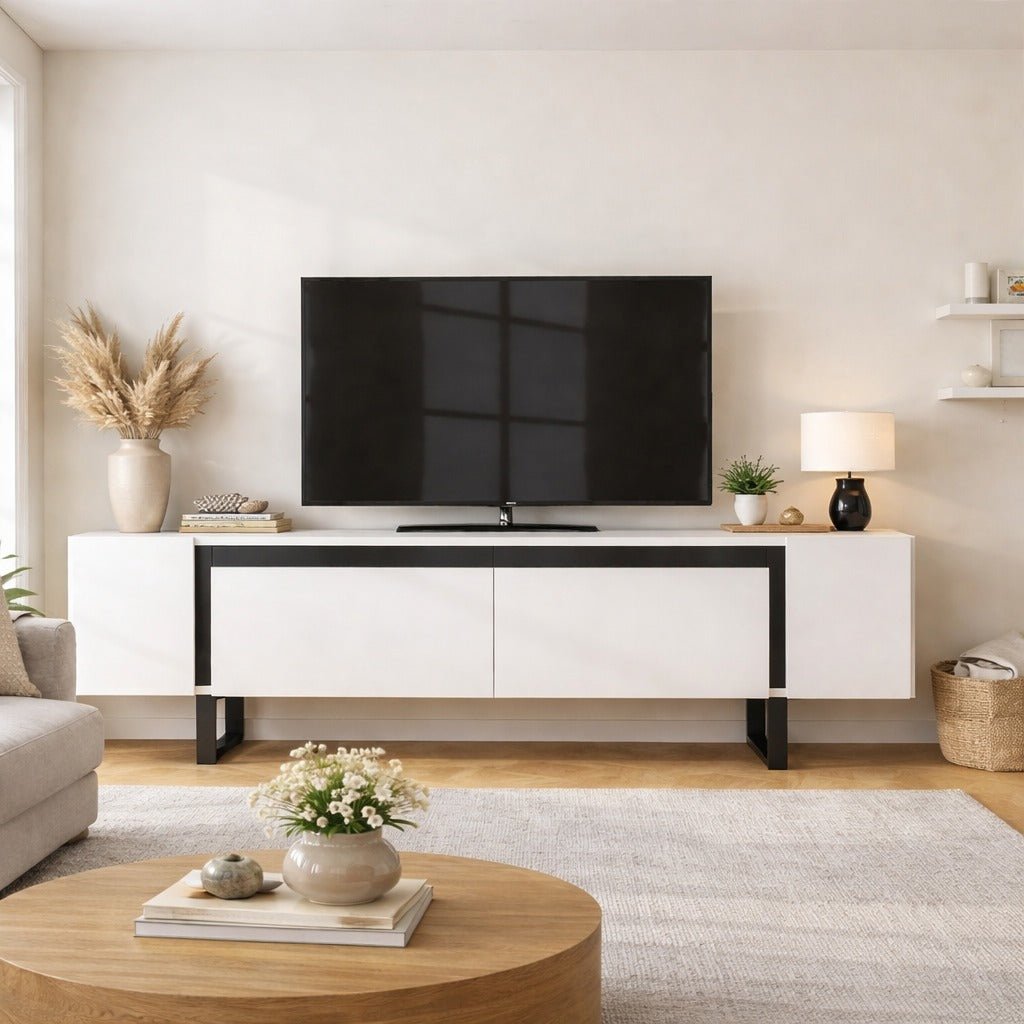 Meuble TV Yildiz blanc 180x50x30 - Cadre noir