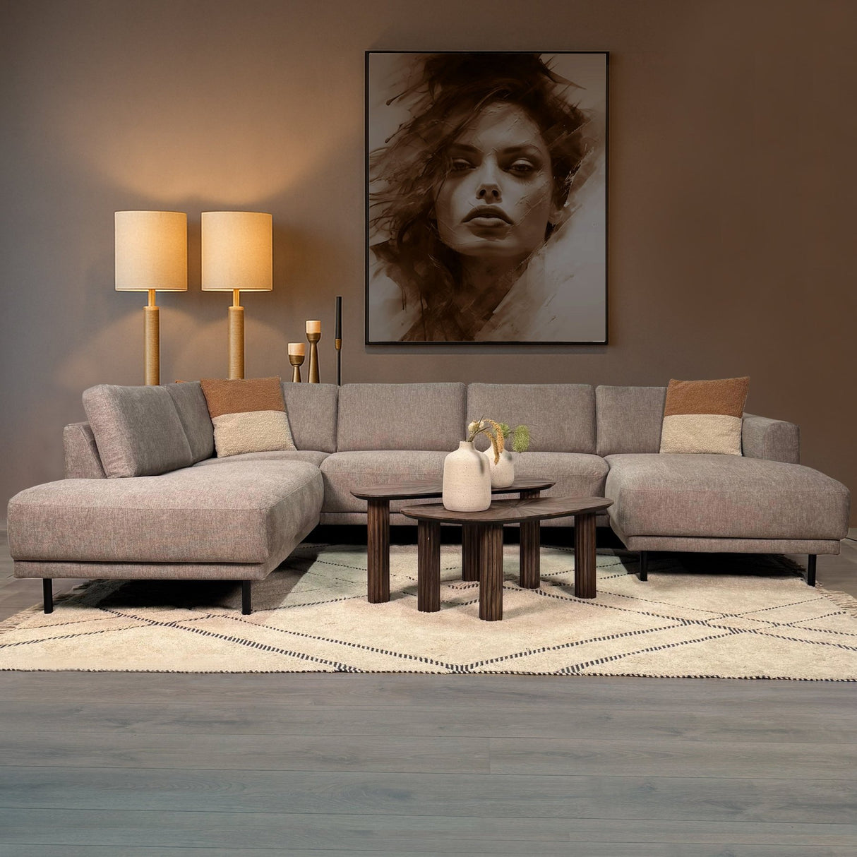 Canapé d'angle moderne U-Bank gauche en tissu taupe Aniko 310x197x78 cm