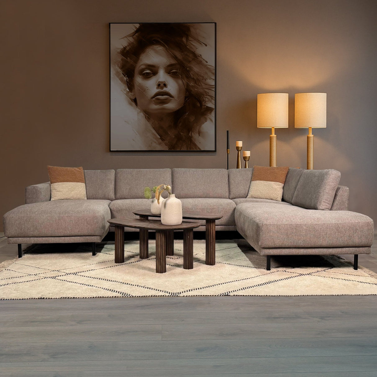 Canapé d'angle moderne U-Bank à droite, taupe, tissu, Aniko 310x197x78 cm