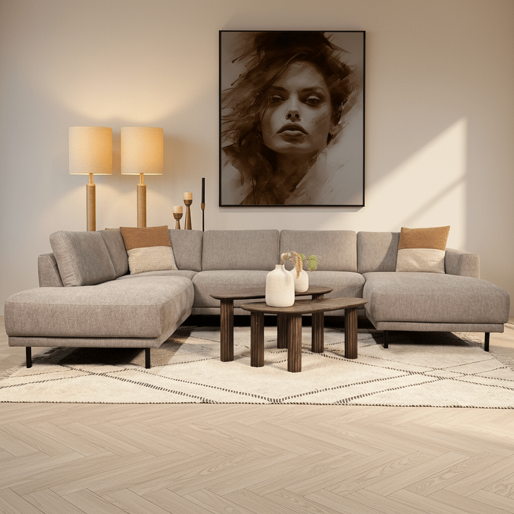 Canapé d'angle moderne U-Bank gauche en tissu taupe Aniko 310x197x78 cm