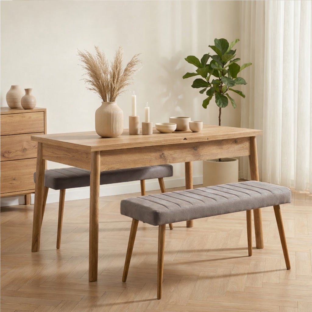 Uitschuifbare eettafel Dennen Melamine - 120 tot 155 cm - inclusief bankjes - Santo