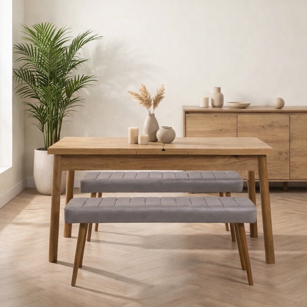 Uitschuifbare eettafel Dennen Melamine - 120 tot 155 cm - inclusief bankjes - Santo