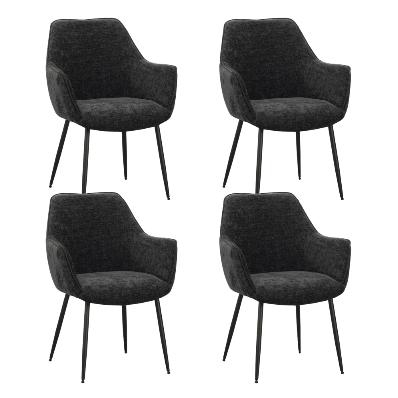 Ensemble de 4 Chaises de Salle à Manger Sev Noir Tissu Chenille - Avec Accoudoir