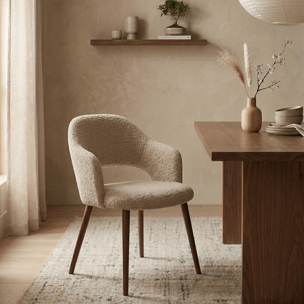 Eetkamerstoelen - Japandi eetkamerstoel zandkleur bouclé Aki - walnoot frame - met armleuning - Dimehouse