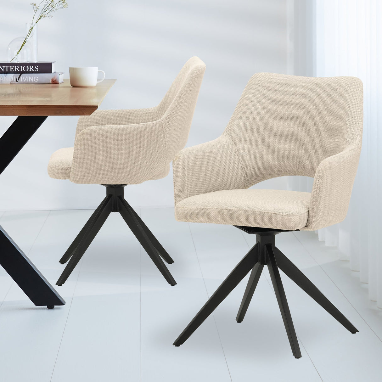 Ensemble de 4 Chaises de Salle à Manger Pivotantes Sid Tissu Beige - Avec Accoudoirs