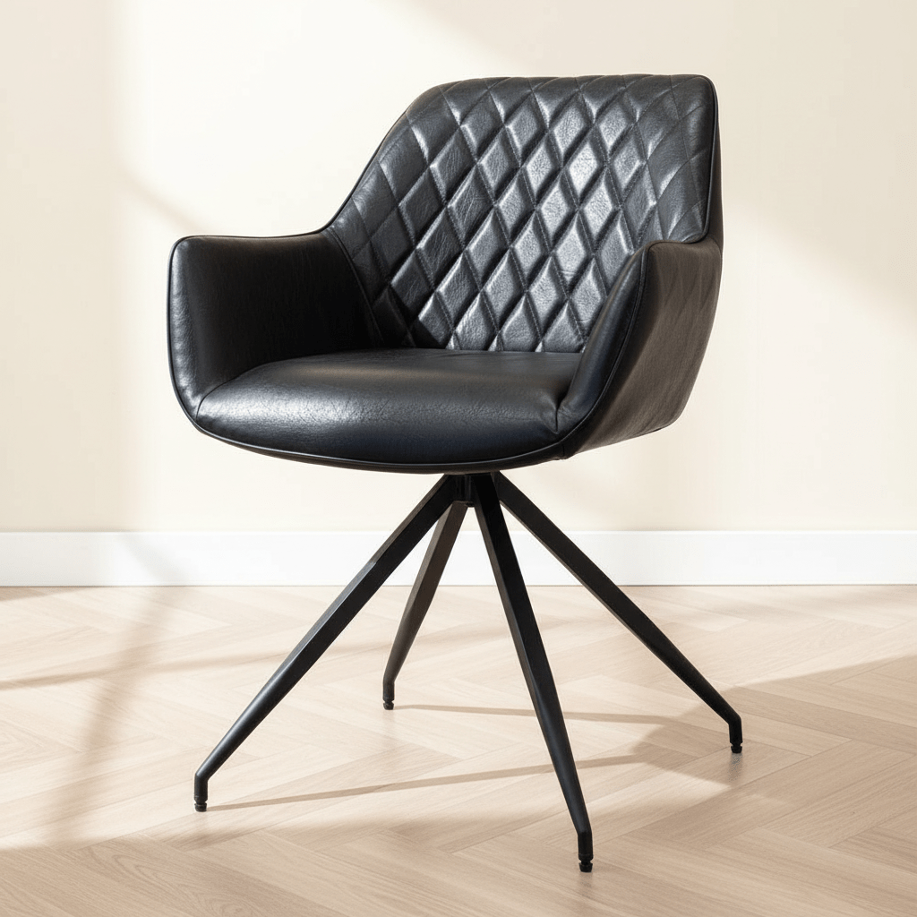 Chaise de salle à manger industrielle noire Gian - Similicuir - Motif en losanges - Avec accoudoirs