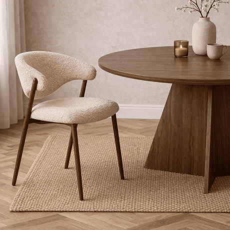 Boucle eetkamerstoel en houten tafel in minimalistisch interieur.