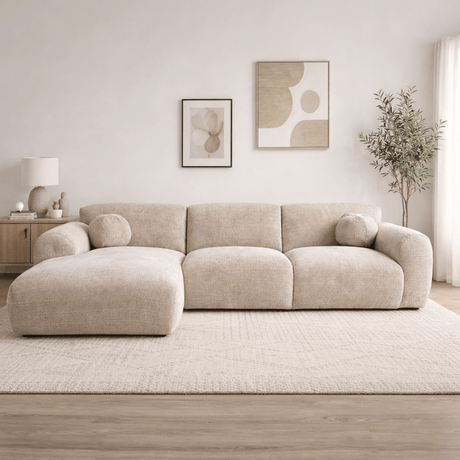 Japandi hoekbank. Beige chenille.