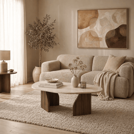Japandi salontafel van travertin met organische houten voet in een minimalistisch, beige interieur.