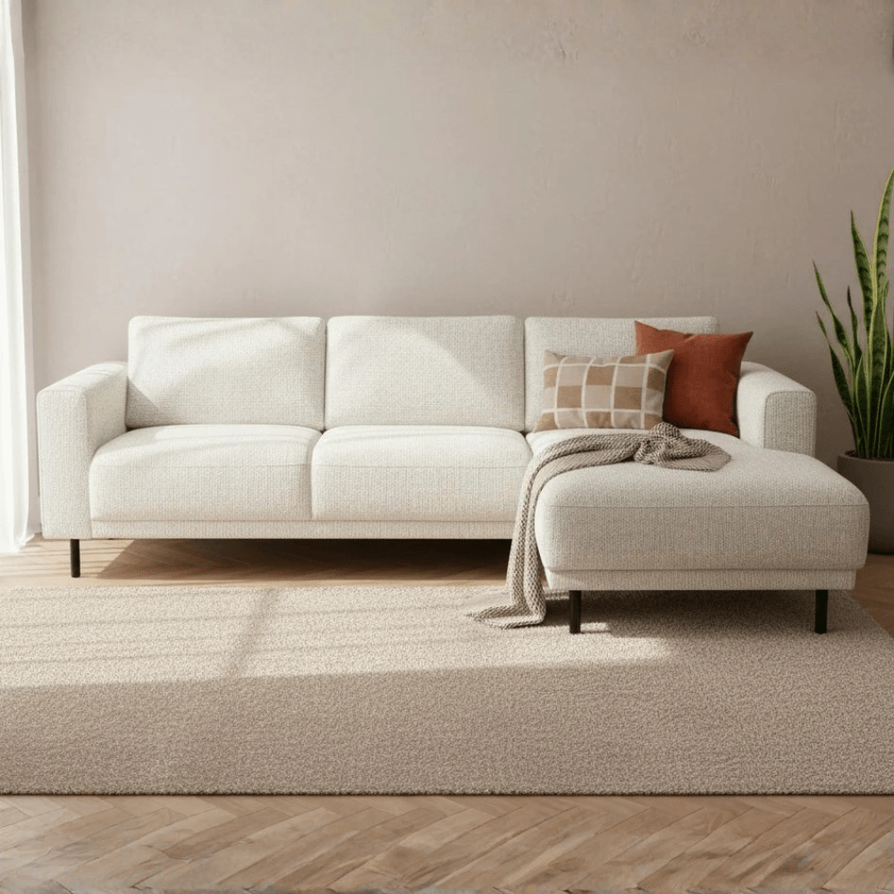 Canapé d'angle moderne droit beige en tissu Aniko avec chaise longue 238x142x78 cm 