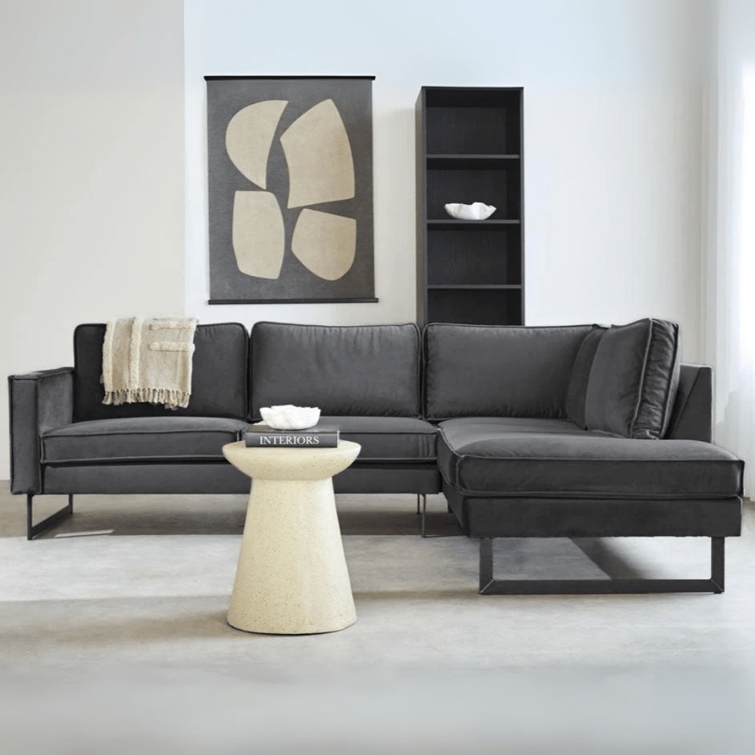 Canapé d'angle Quinn velours anthracite coussins amovibles à droite 