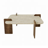 Afrolli table basse aspect travertin noyer 90x90 aspect travertin et noyer bois composite enduit mélaminé