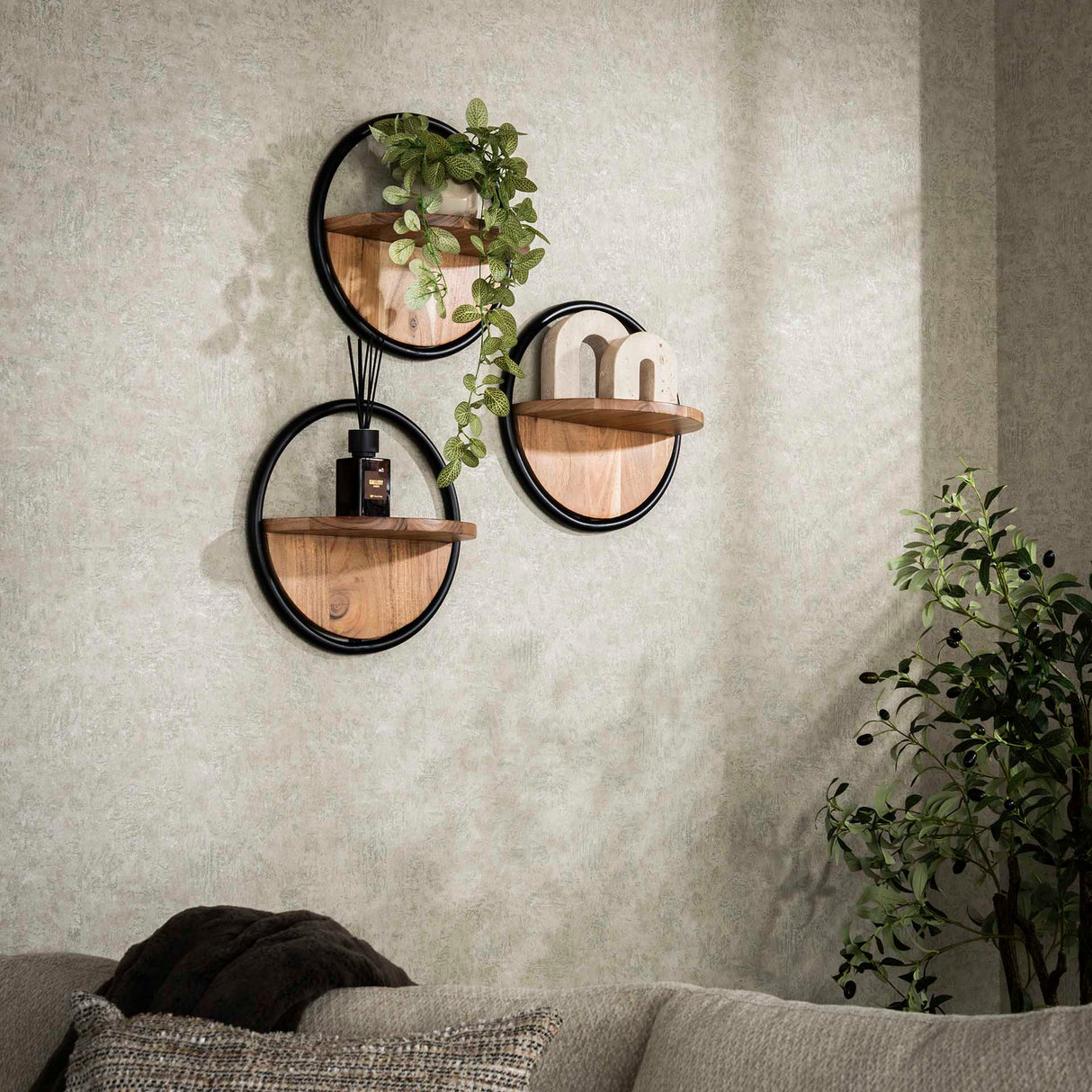 Étagère murale ronde en bois massif d'acacia de 35 cm, ensemble de 3 