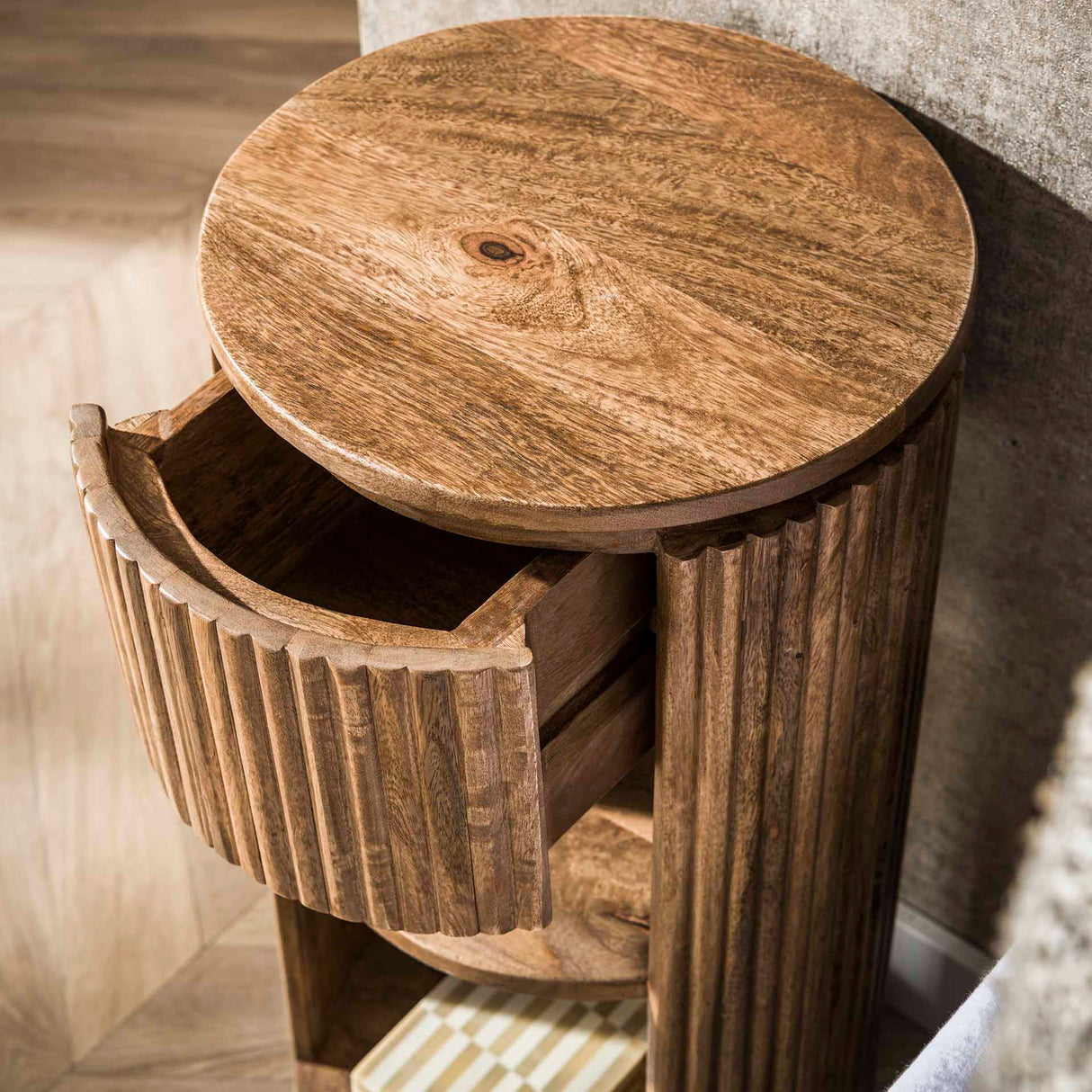 Table de chevet Lio Rond Bois de manguier Sable 1 Tiroir 