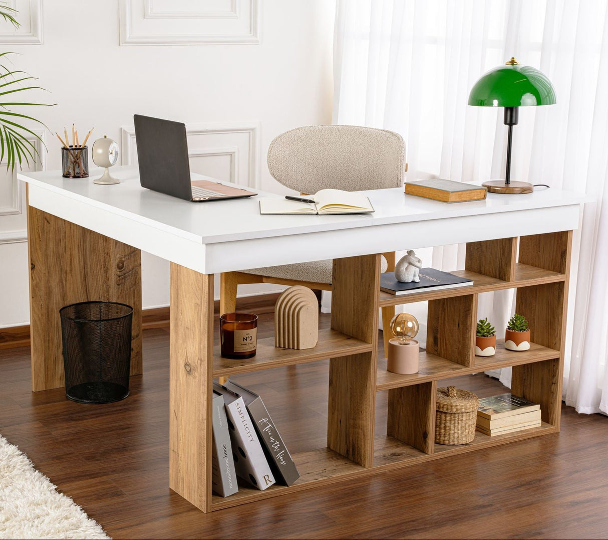 Vesper Bureau d'étude 130x120 cm en pin blanc Mélamine Atlantic Blanc 