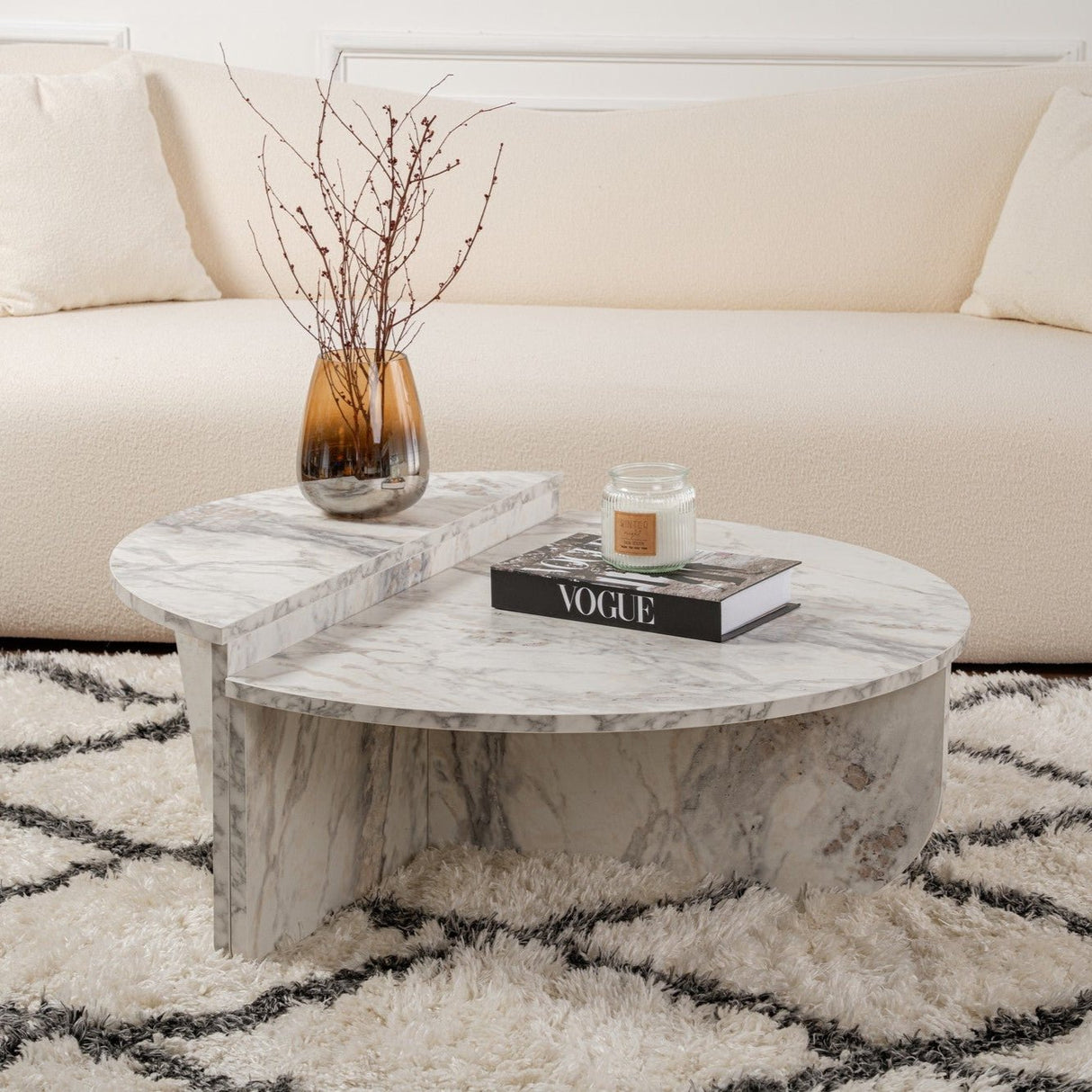 Table basse ronde en marbre à niveaux Mélamine 90 cm Orin 