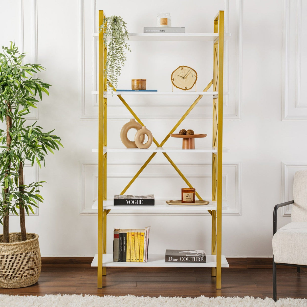 Boekenkasten - Moderne boekenkast wit melamine Ely - Gouden Frame - 180x90 cm - Dimehouse
