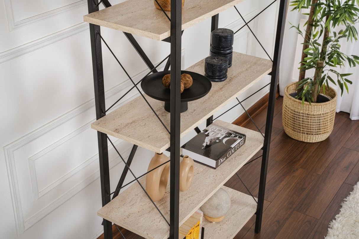 Boekenkasten - Industriële boekenkast travertin melamine Ely - zwart frame - 180x90 cm - Dimehouse