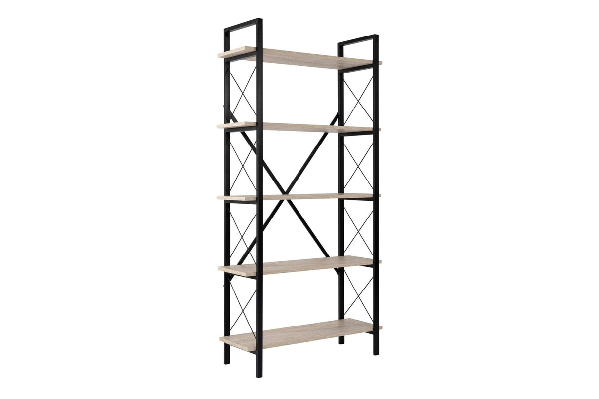 Boekenkasten - Industriële boekenkast travertin melamine Ely - zwart frame - 180x90 cm - Dimehouse