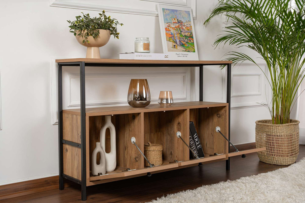 Dressoir Atlantisch Dennenhout Saloce - Zwart Frame - Drie Vakken - 120x77 cm