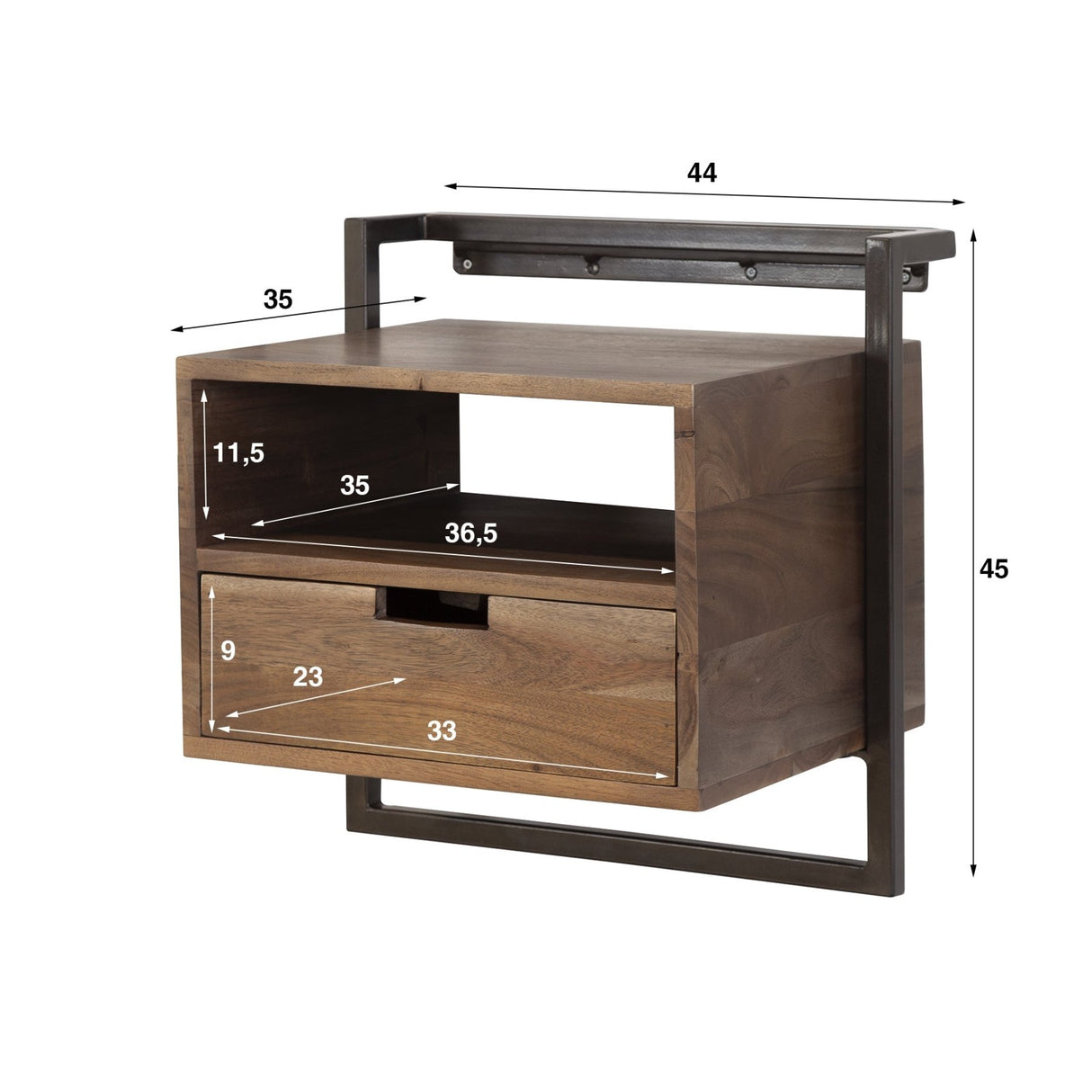 Table de chevet industrielle flottante Naomi Boîte ouverte en bois d'acacia Marron Drift
