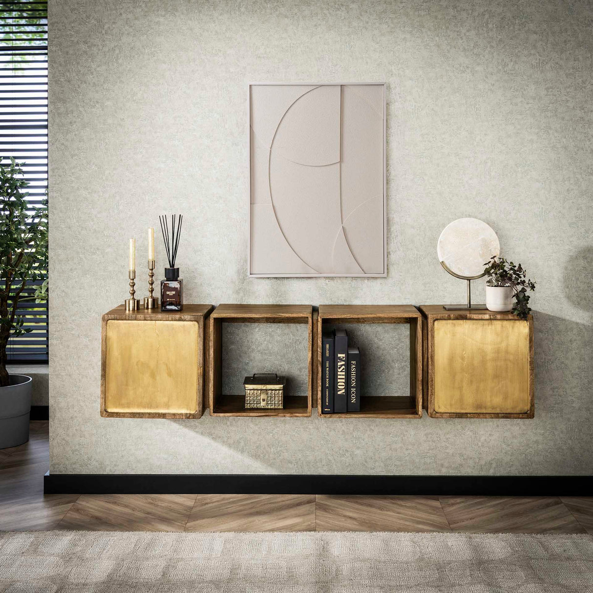 Buffet Suspendu Maceo - Bois de manguier Sable avec Accent en Laiton 169 cm 